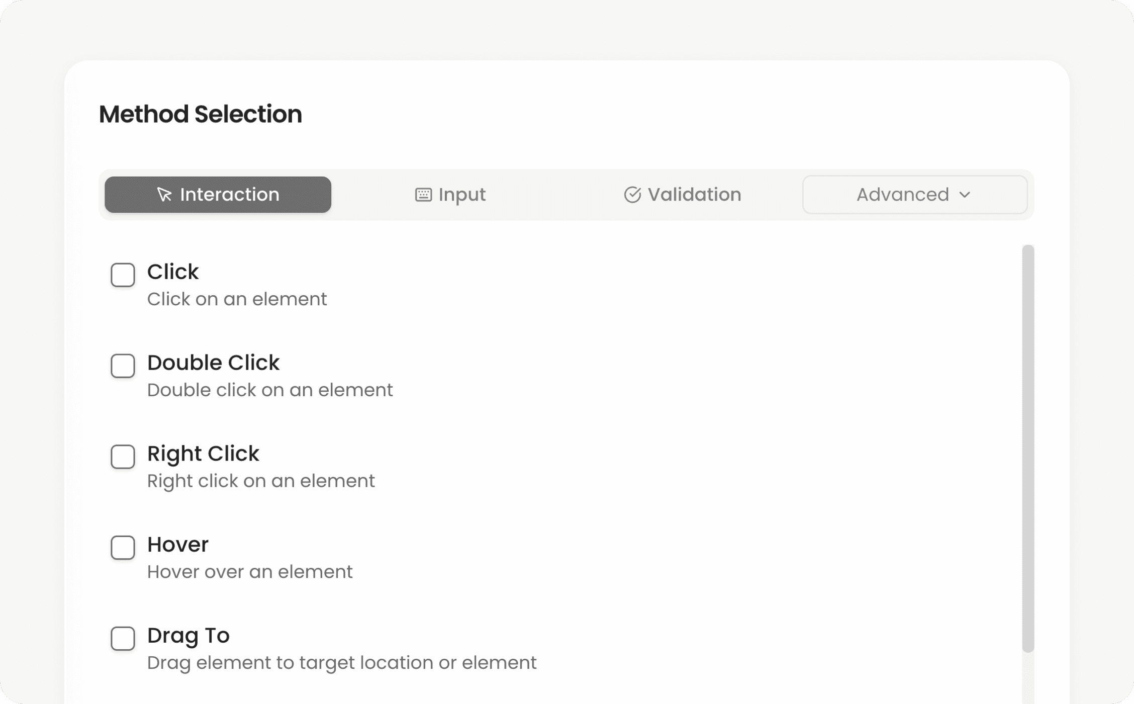 Method selection and interaction builder